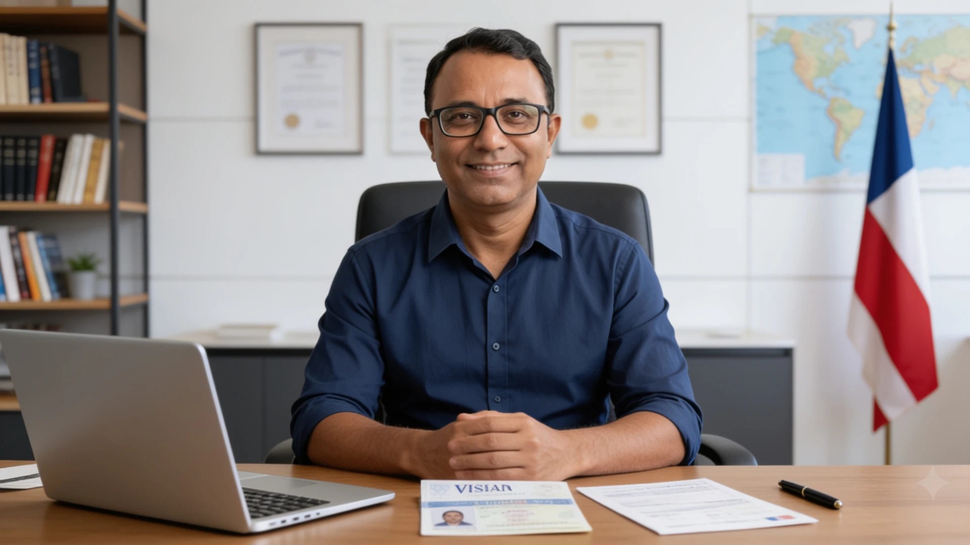 Rajesh Karasariya at his desk with visa preparation materials